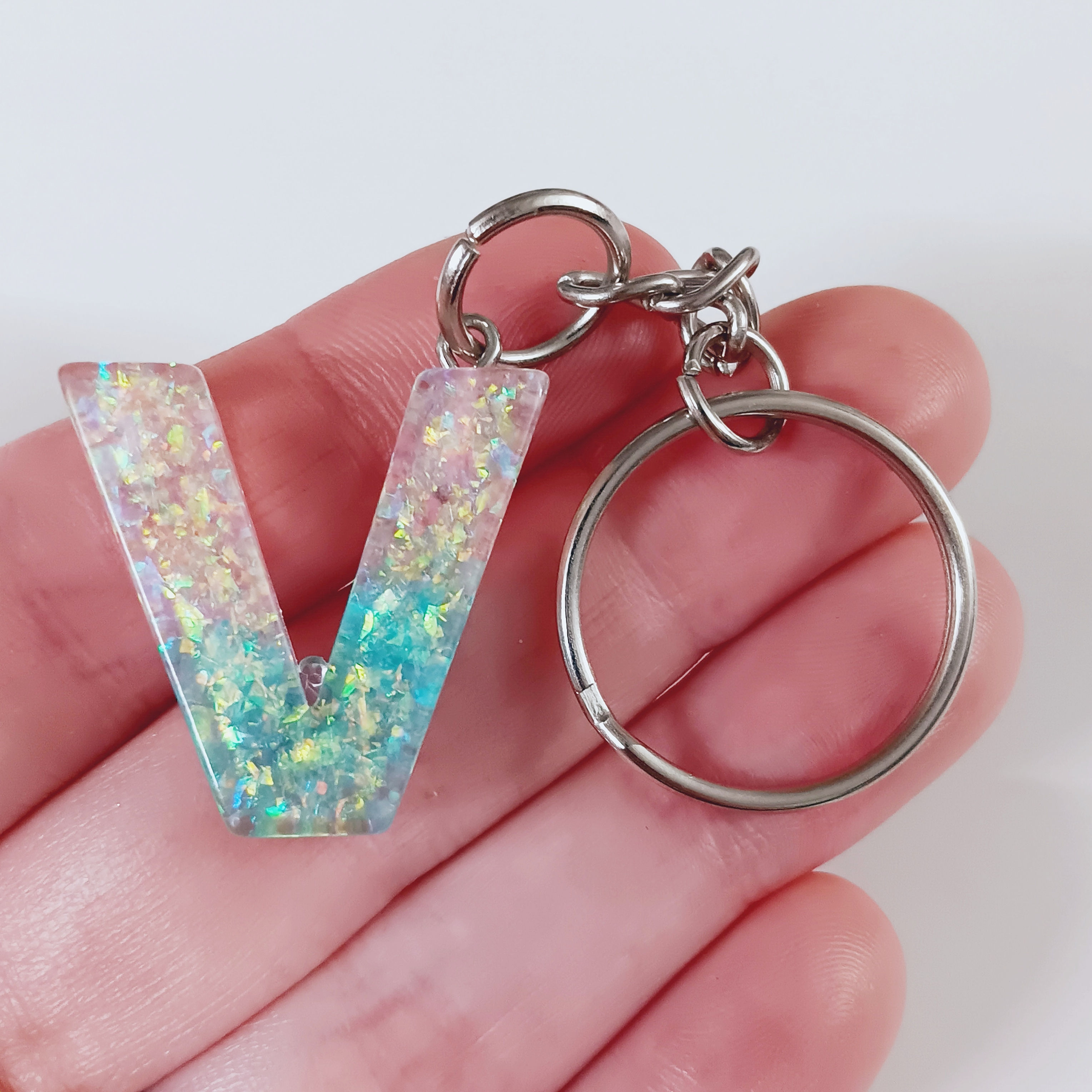 Pink Blue Glitter Resin Letter V Keychain