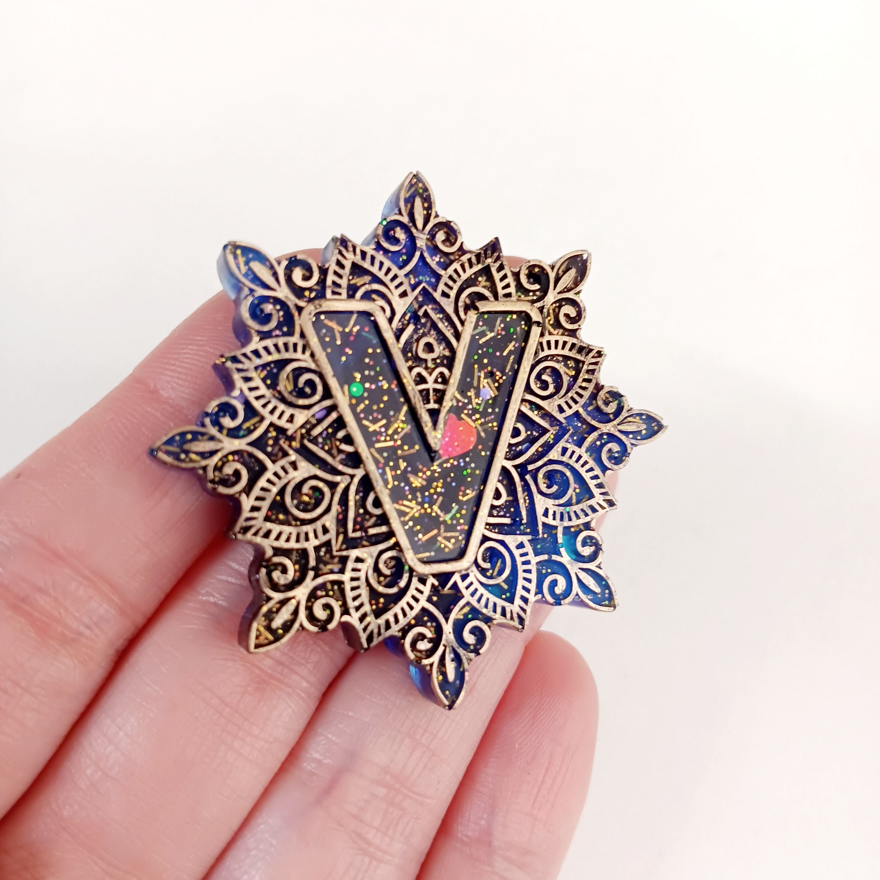 1pc- Gold & Blue Resin Letter V Mandala Magnet