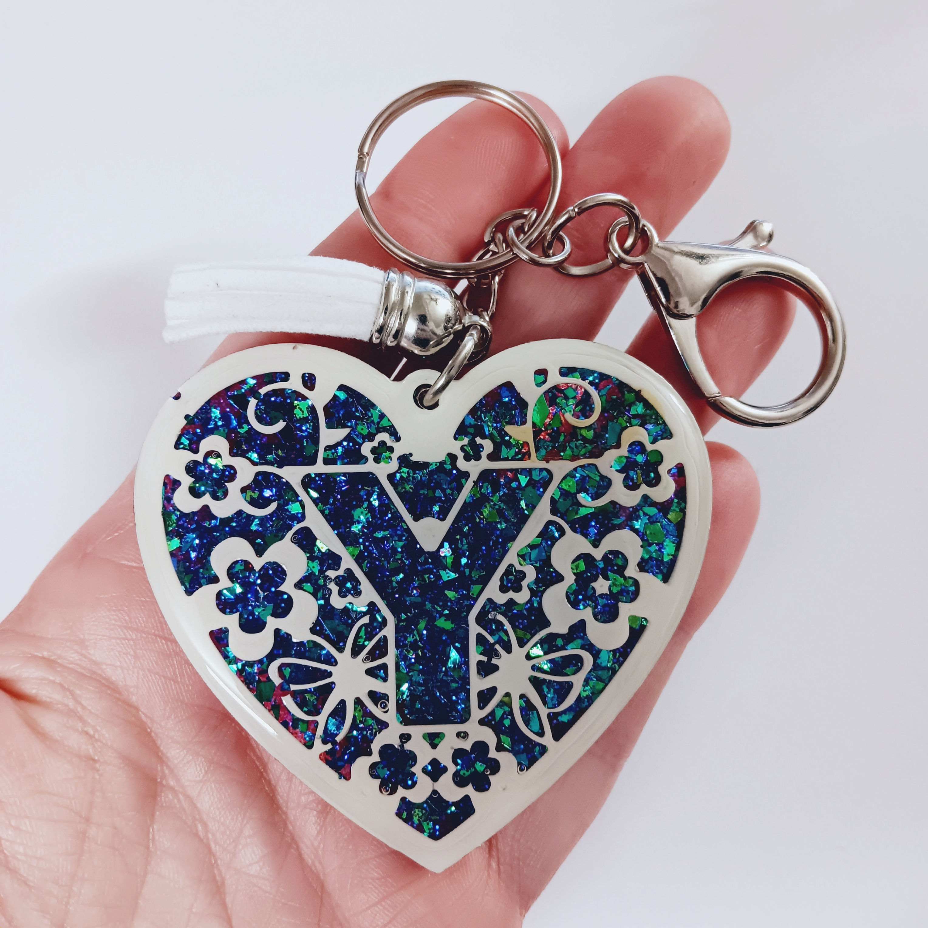 Blue Glitter Resin Letter Y Heart Keychain