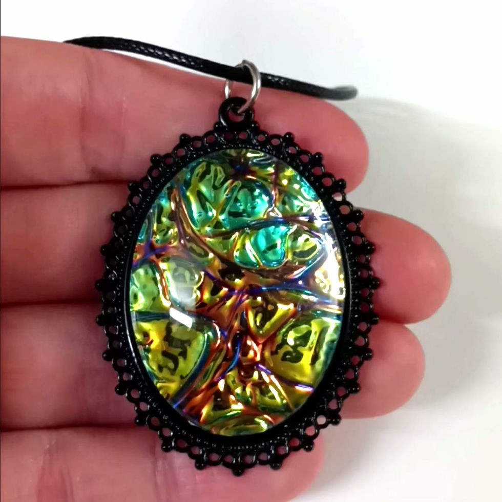 Thumbnail: Large Blue Green Yellow Fantasy Foil Black Lace Pendant Necklace