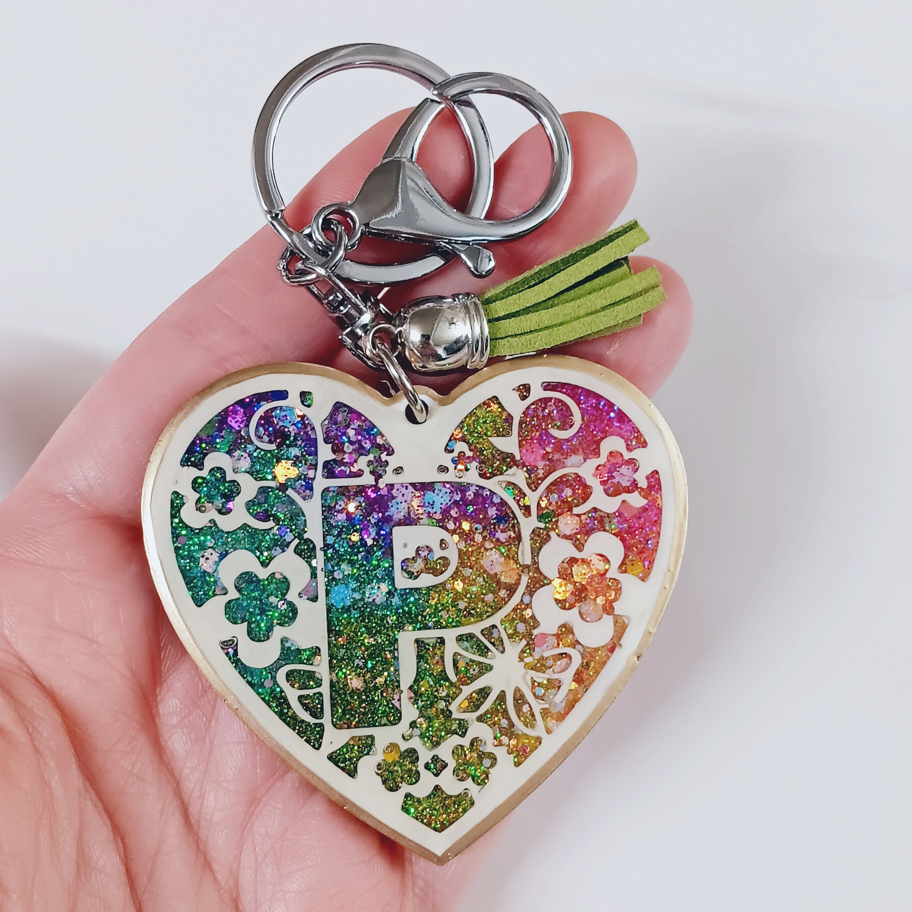 Colorful Glitter Resin Letter P Heart Keychain