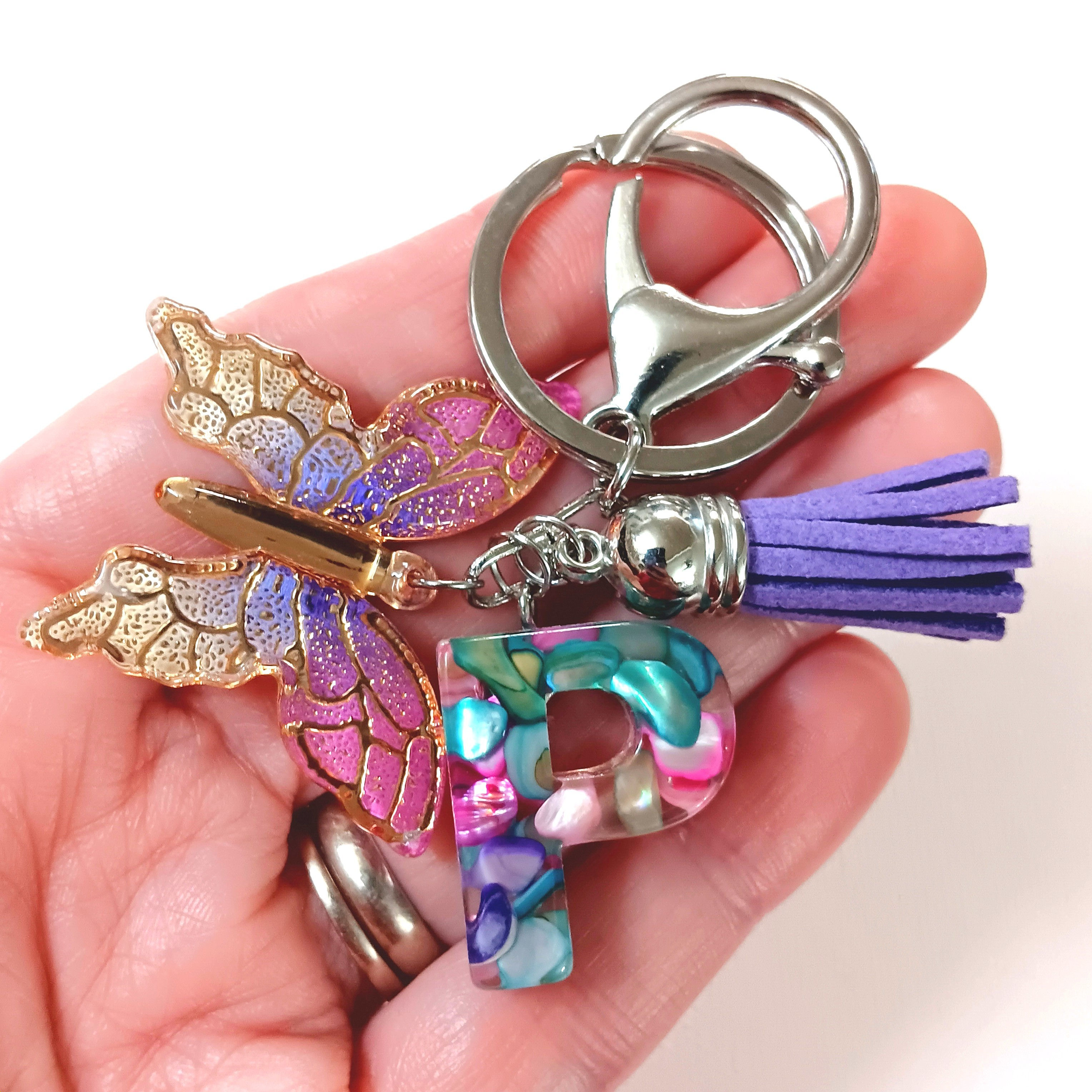 Pink Purple Stone Resin Letter "P" Butterfly Keychain