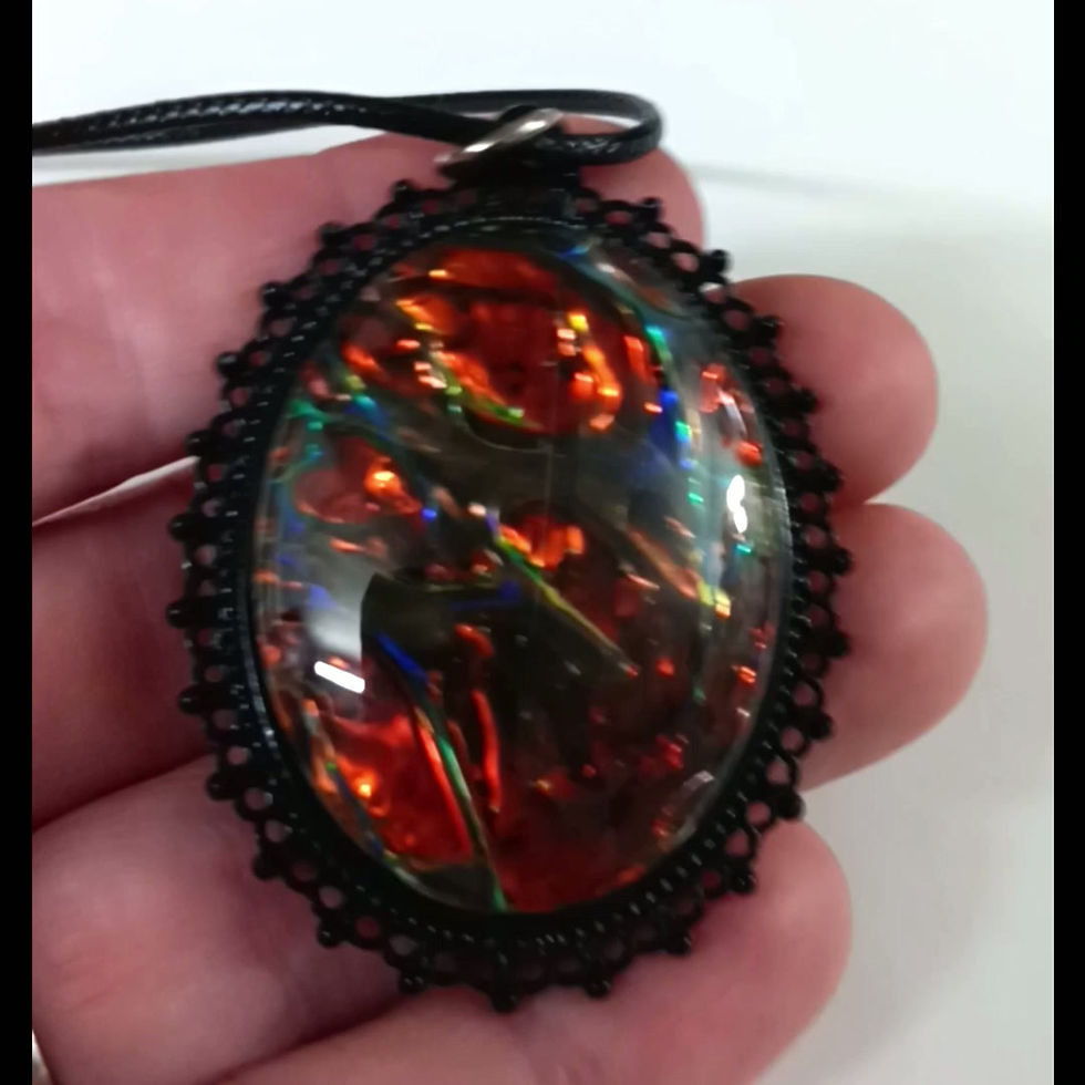 Thumbnail: Large Colorful Orange Fantasy Foil Black Lace Pendant Necklace