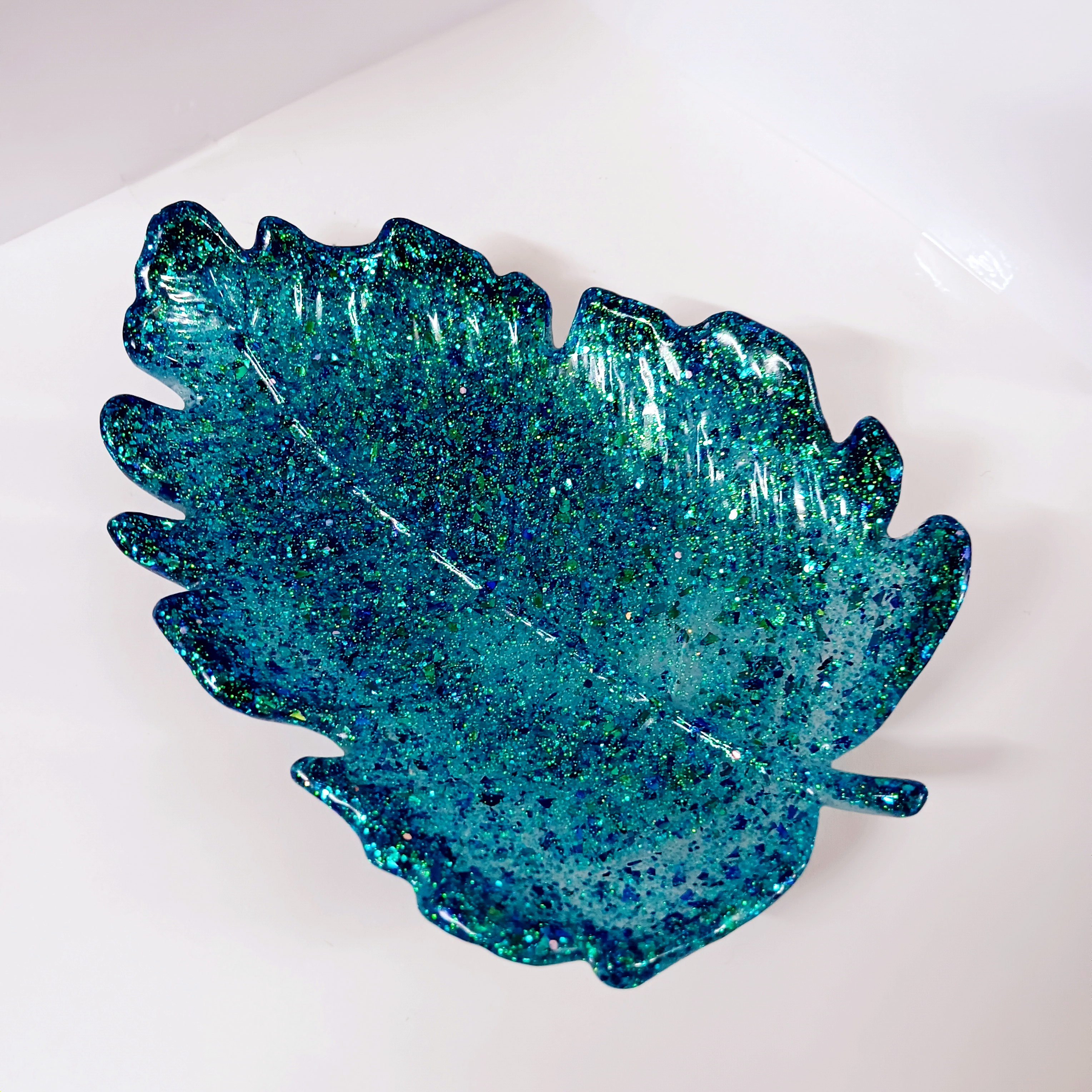 Blue Glitter Leaf Resin Tray
