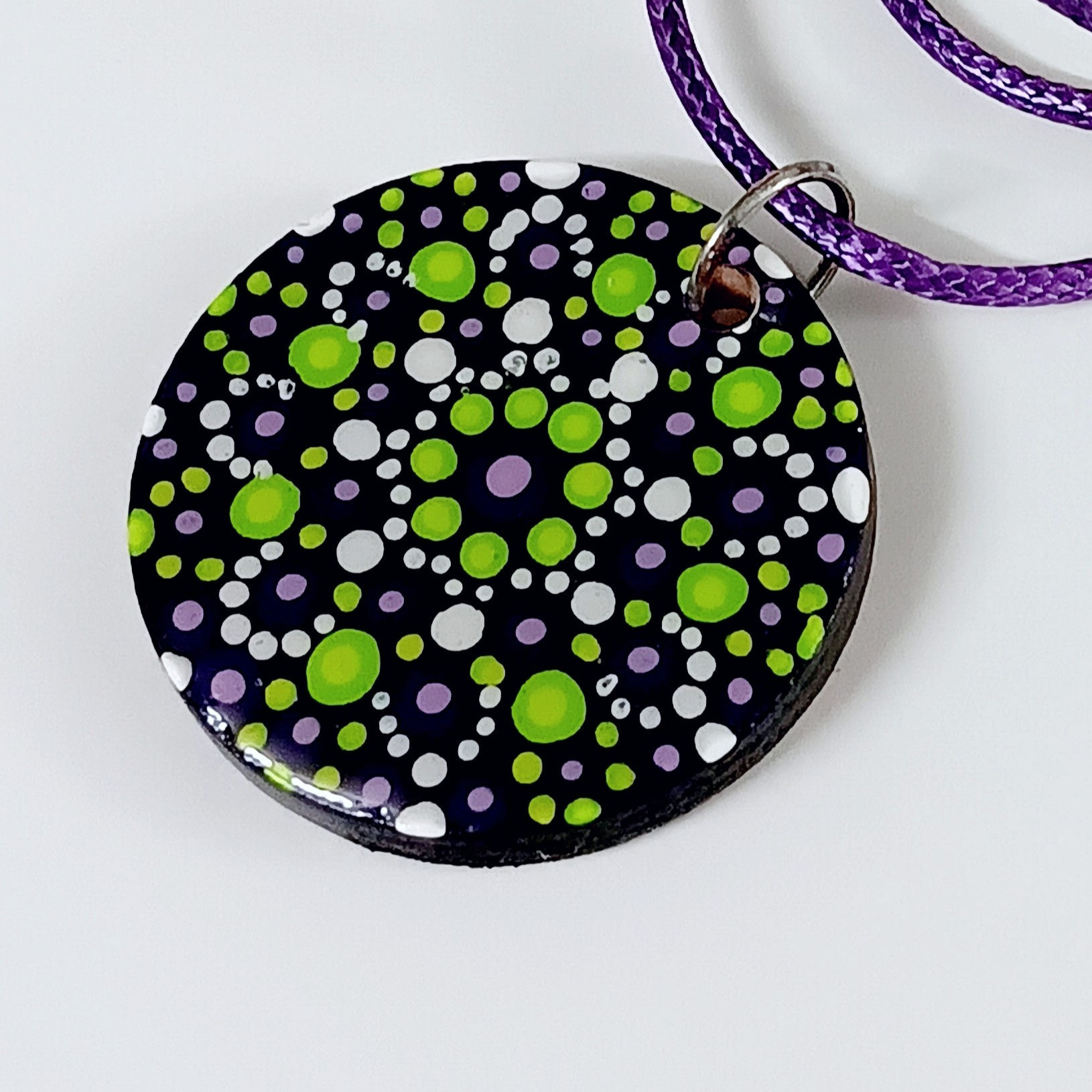 Handpainted Green Purple Mandala Wooden Necklace