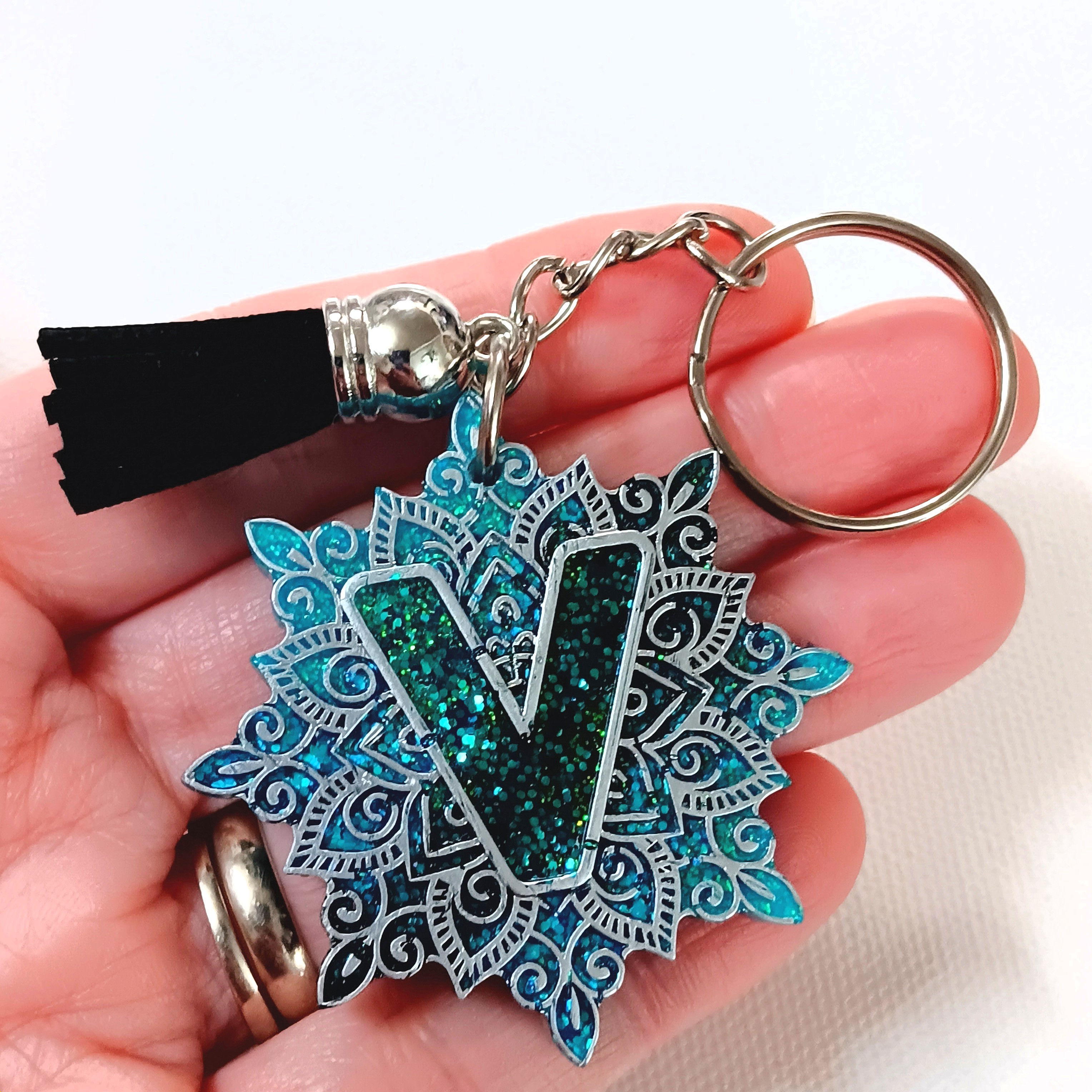 Blue Black Glitter Resin Letter "V" Mandala Keychain