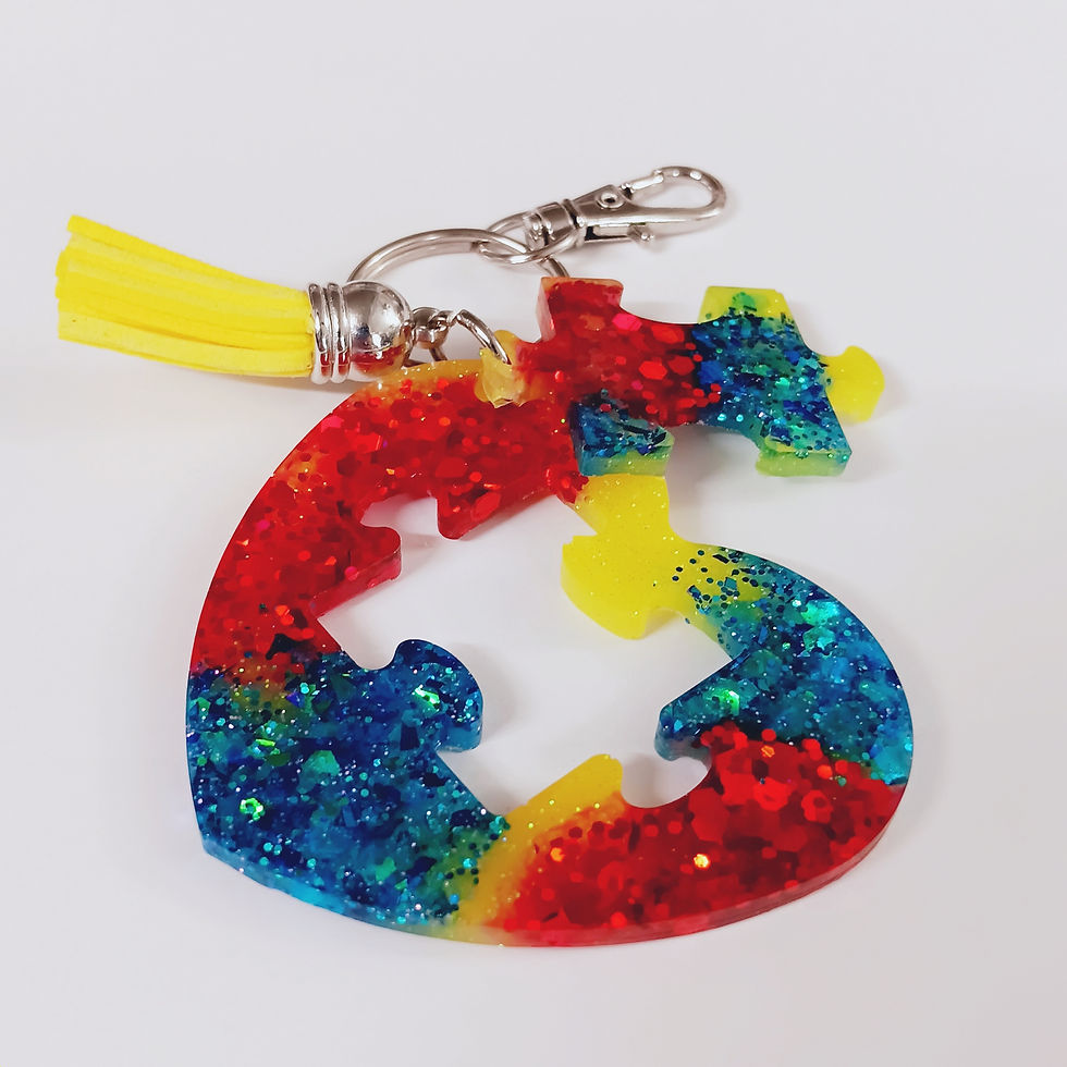 Thumbnail: Blue Red Yellow Glitter Puzzle Heart Resin Keychain