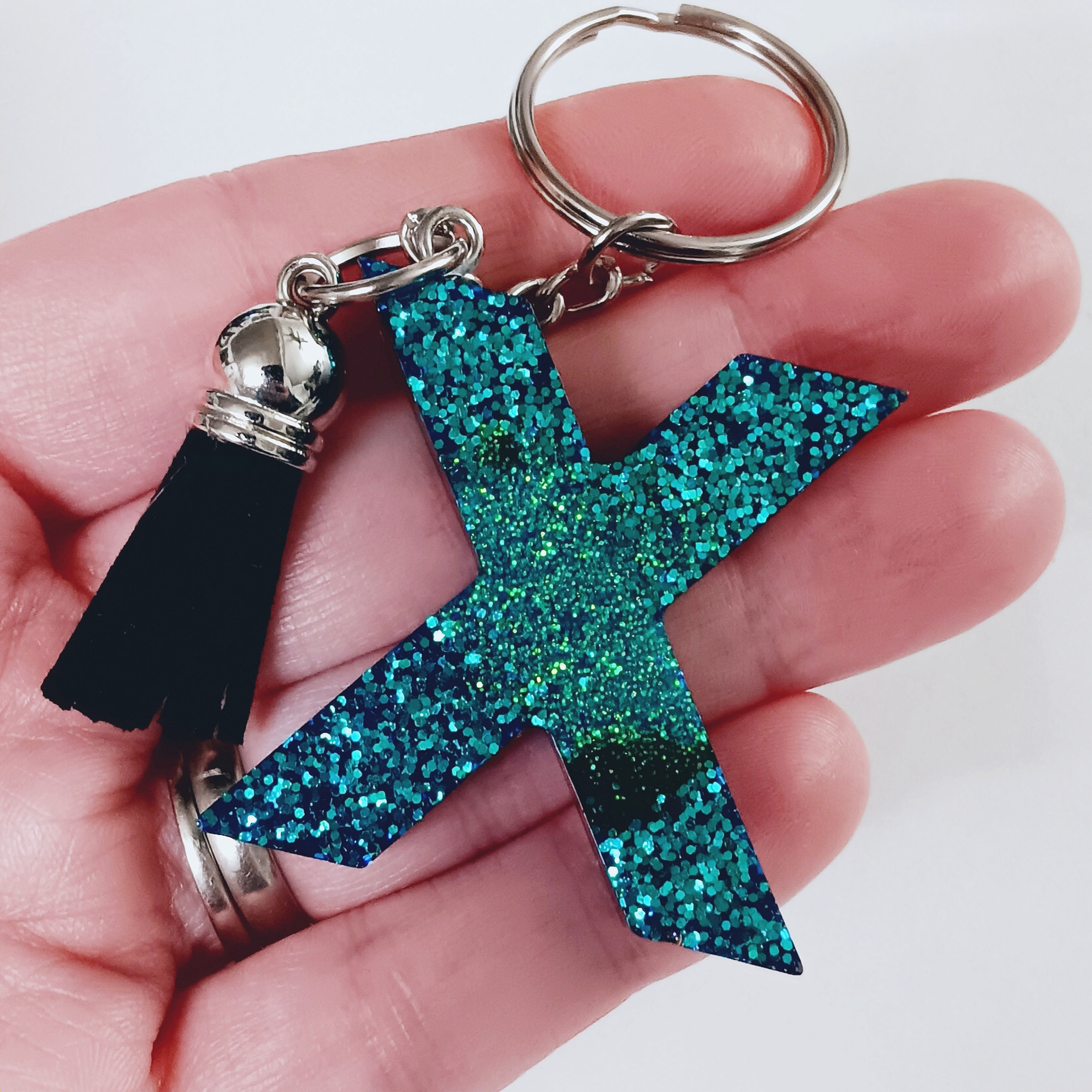 Blue Black Glitter Resin Letter X Keychain