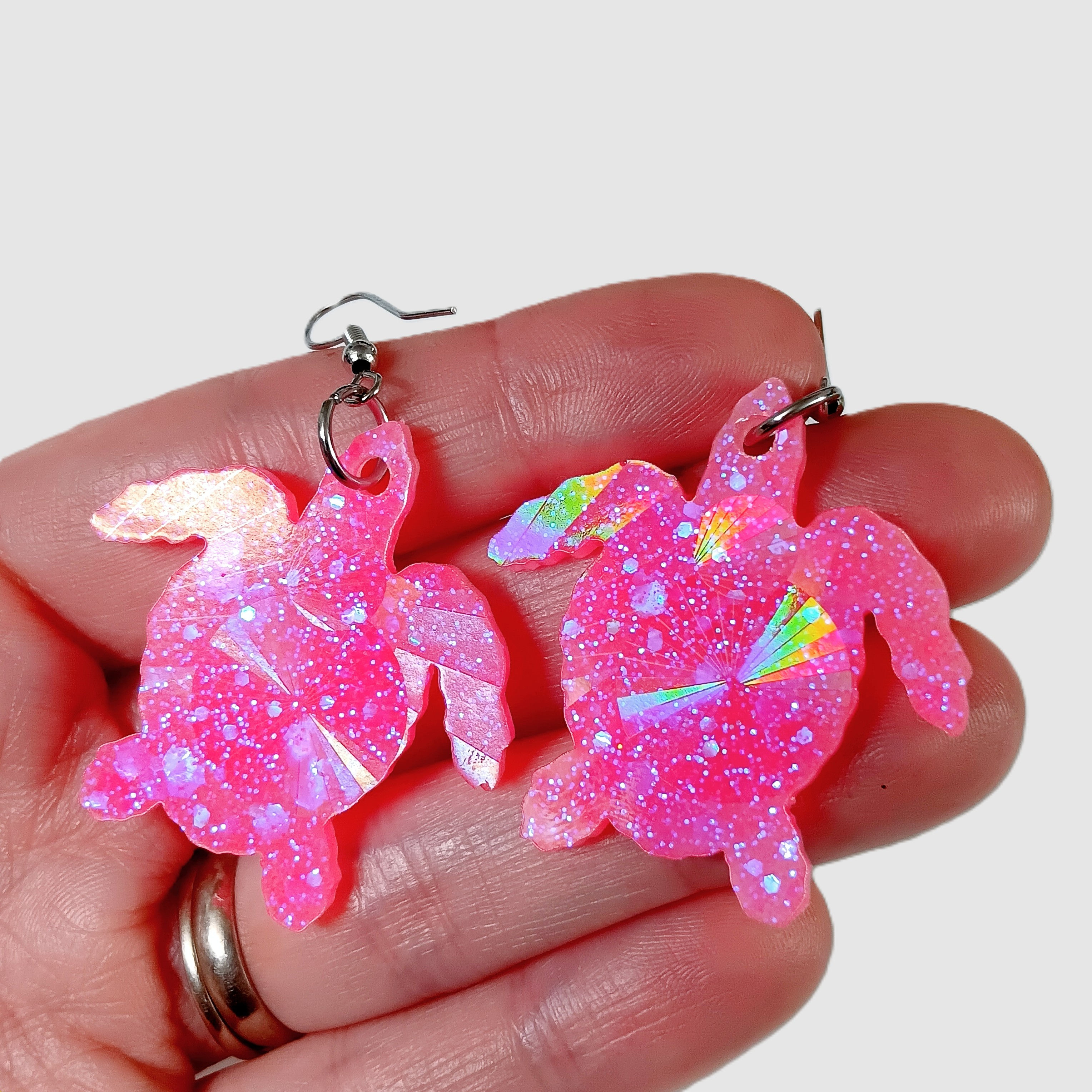 Hot Pink Turtle Holographic Sparkle Earrings
