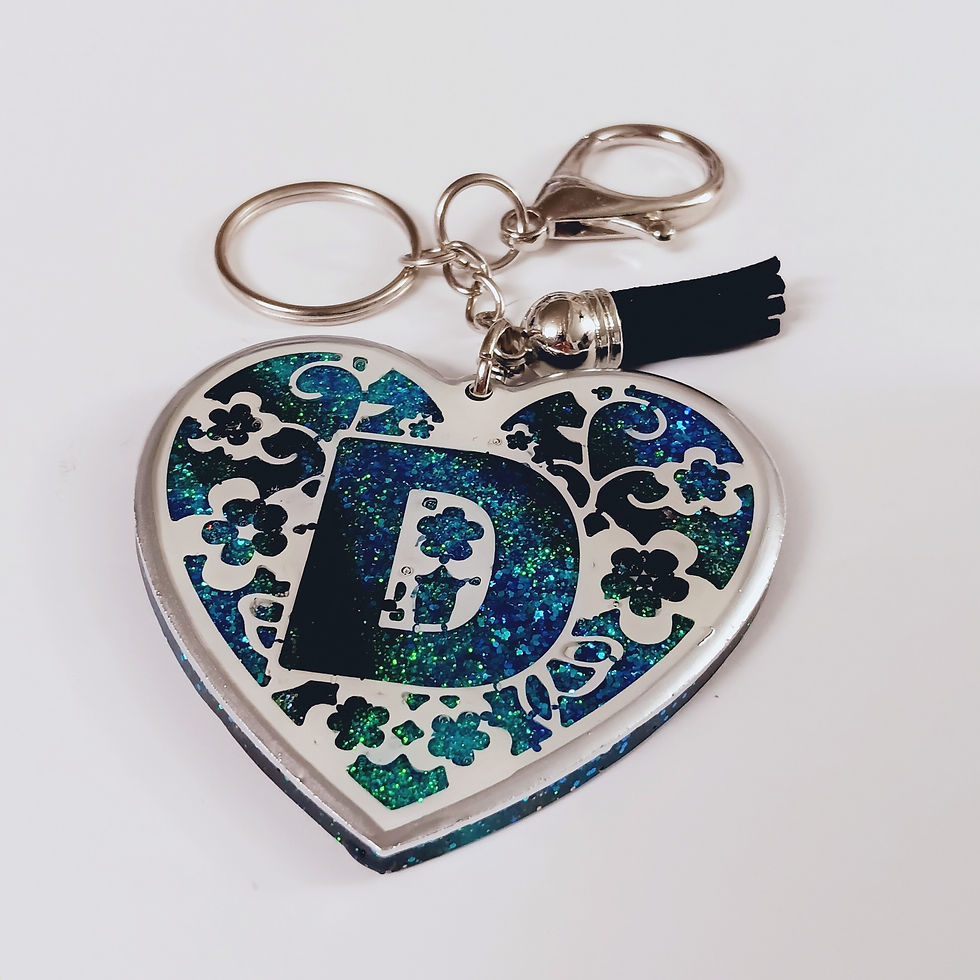 Thumbnail: Blue Black Silver Glitter Resin Letter D Heart Keychain