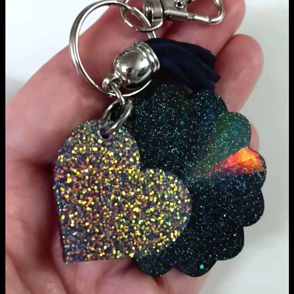 Thumbnail: Black Purple Pink Holographic Resin Flower Heart Keychain