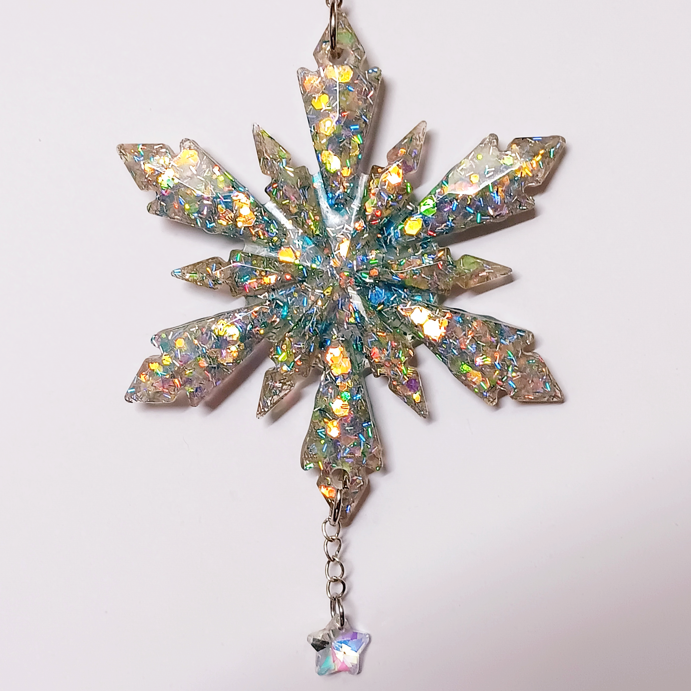 Blue Iridescent Glitter Snowflake Resin Jewel Ornament