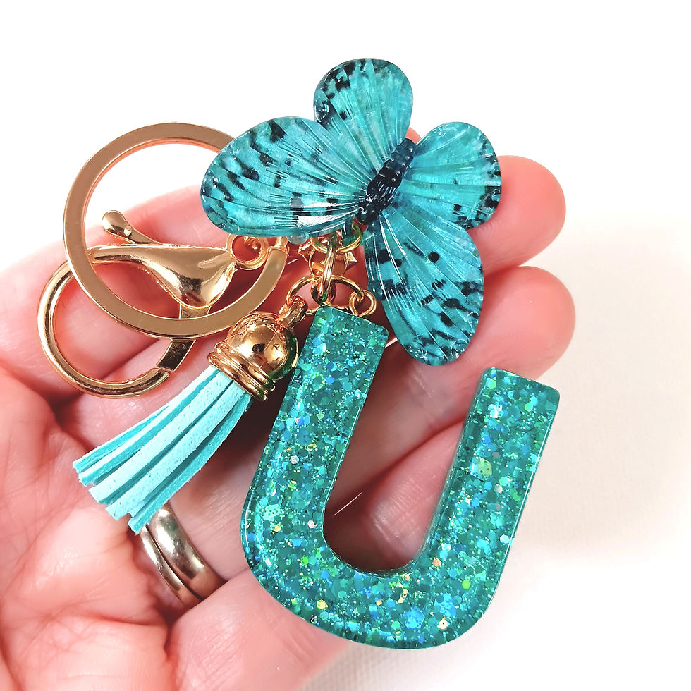Thumbnail: Teal Glitter Resin Letter "U" Butterfly Keychain