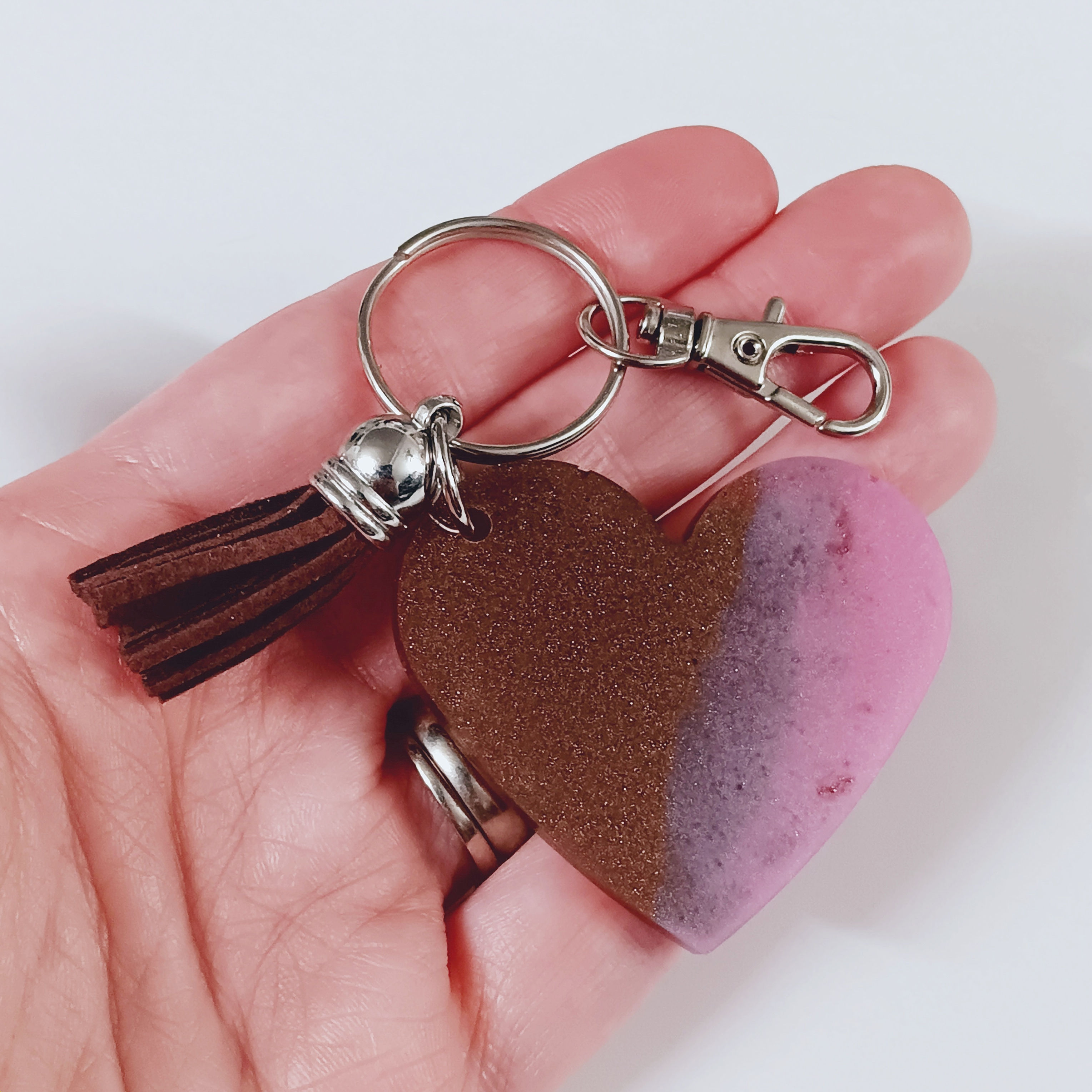 Pink Brown Resin Heart Keychain