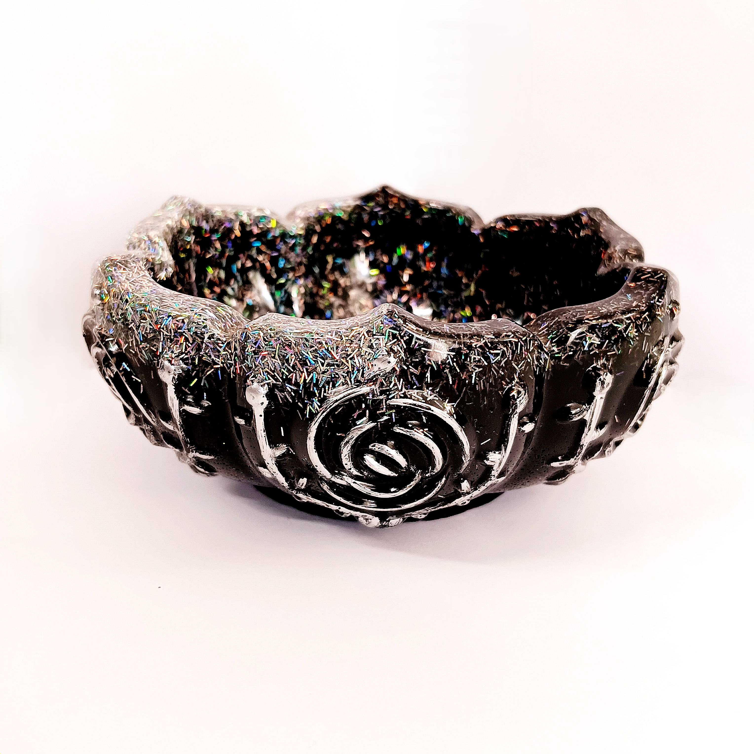Silver Black Glitter Rose Resin Bowl