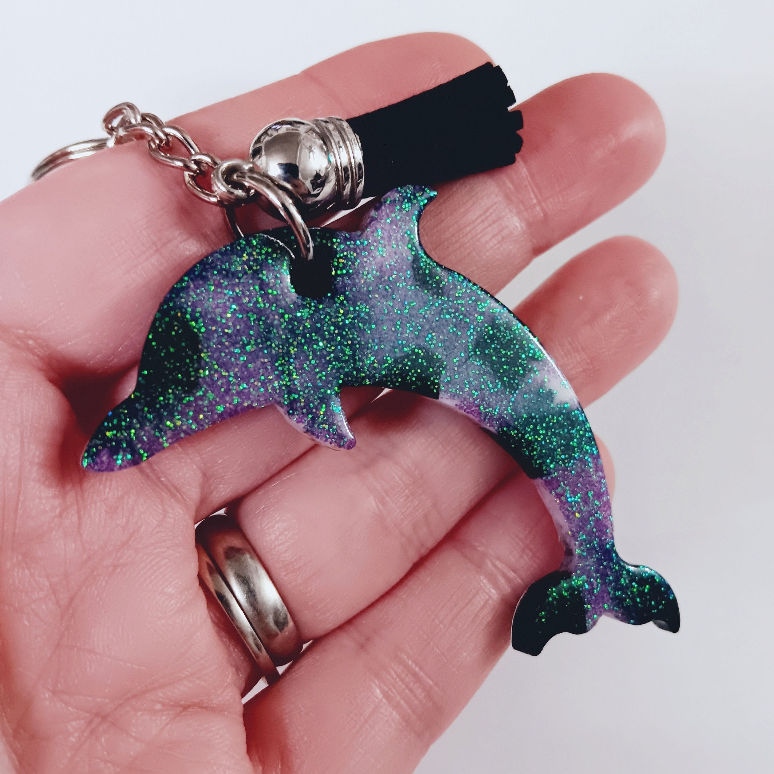 Black Purple Glitter Dolphin Resin Keychain