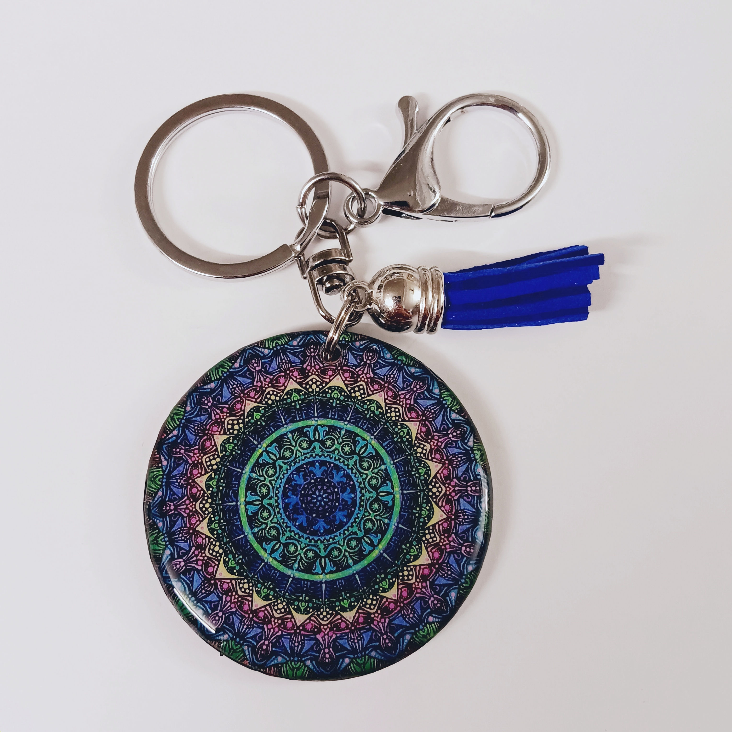 Peaceful Energy Resin Mandala Blue Green Keychain