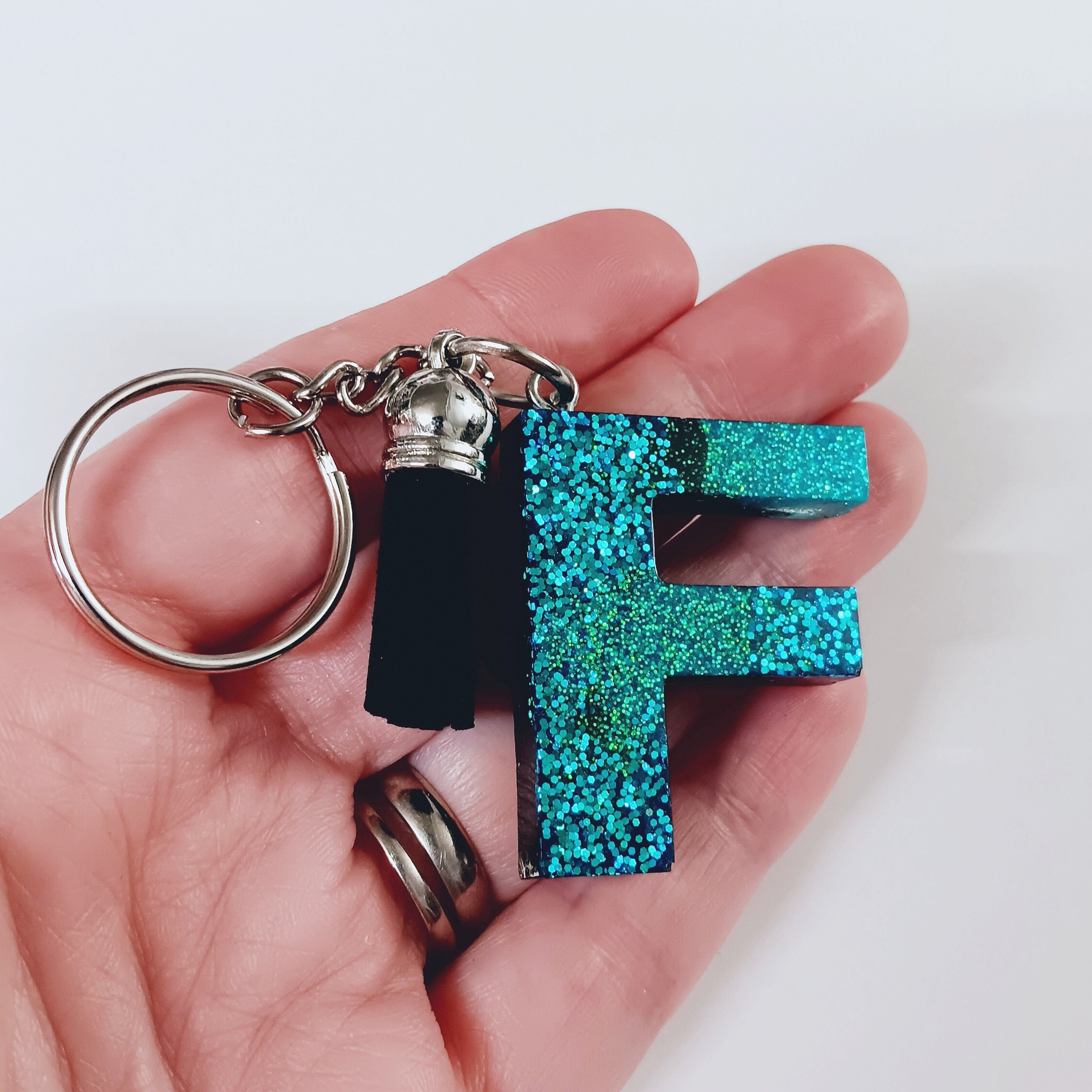 Blue Black Glitter Resin Letter F Keychain