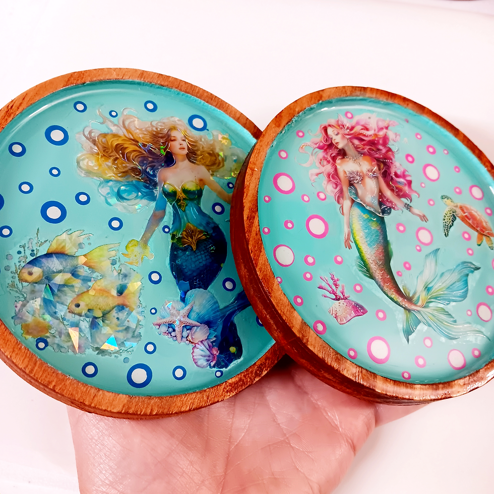 Thumbnail: Set of 2 Blue Pink Painted Mermaid Wooden Resin Coasters