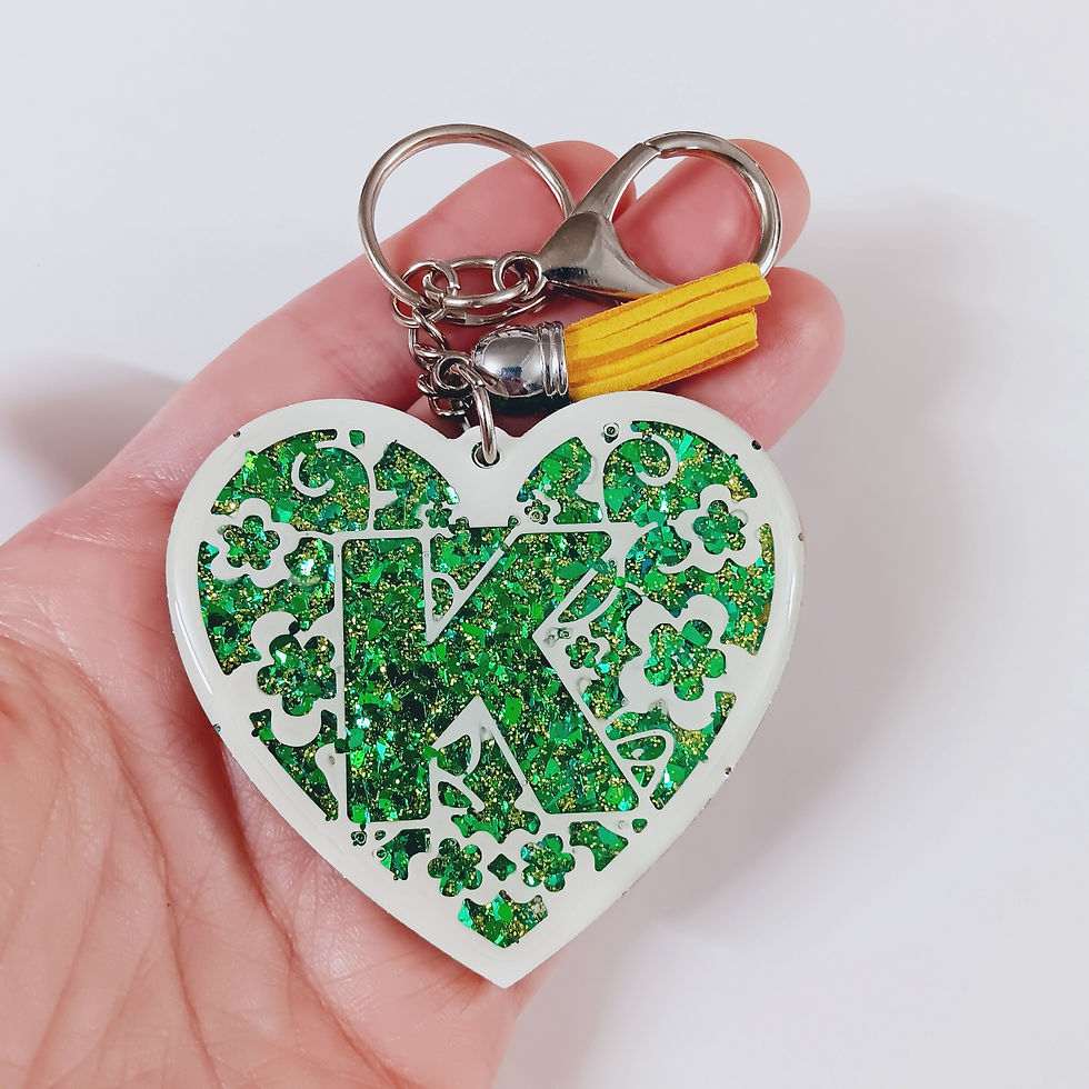 Green Glitter Resin Letter K Heart Keychain