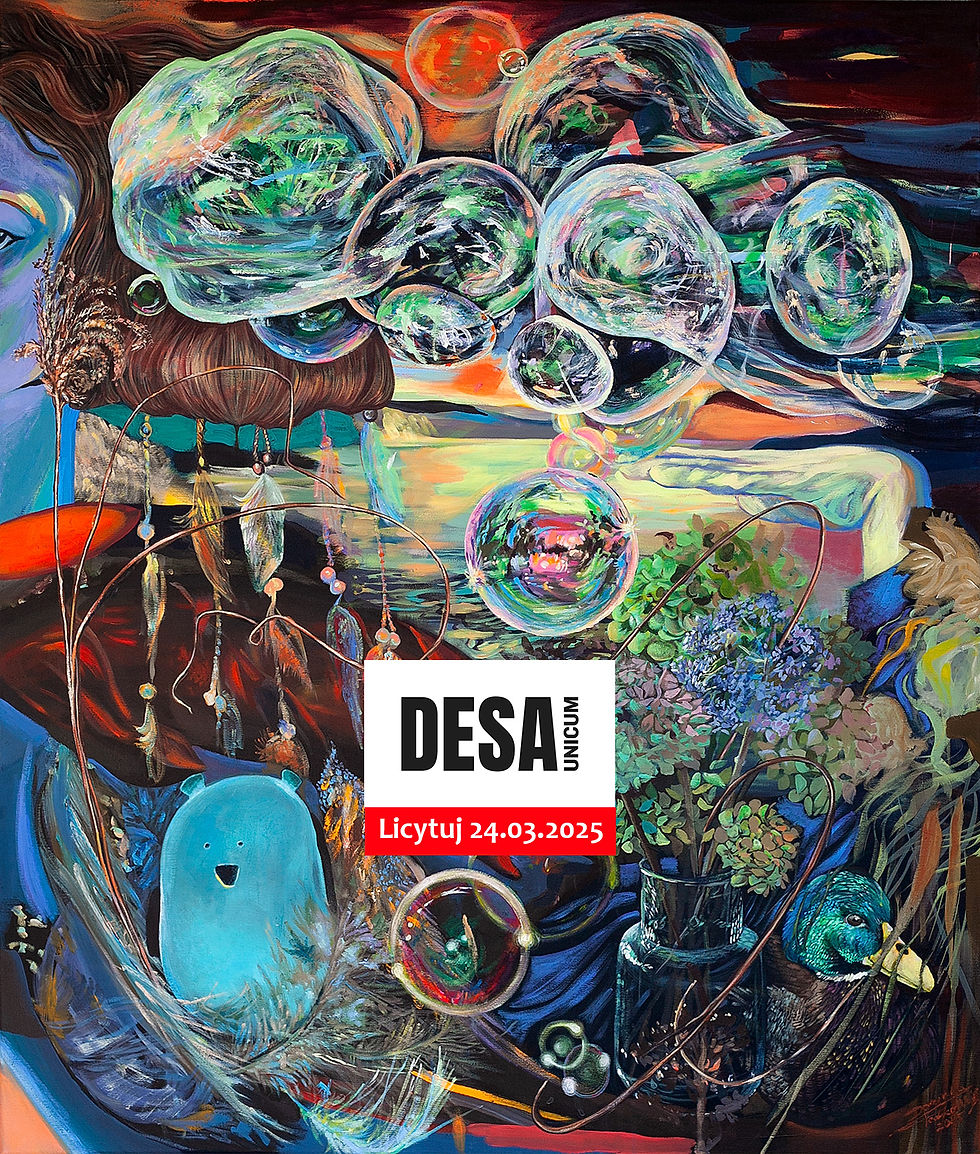 Obraz Kaczka Dziwaczka: Śniona Poezja z cyklu Mirage – surrealistyczna kompozycja łącząca poezję, symbolikę i iluzję. Bańki mydlane unoszą się w świetle zachodu, a kaczka spogląda na plastikową lampkę – metaforę współczesnych złudzeń. Intensywne barwy i oniryczna atmosfera budują nastrój malarskiej opowieści.