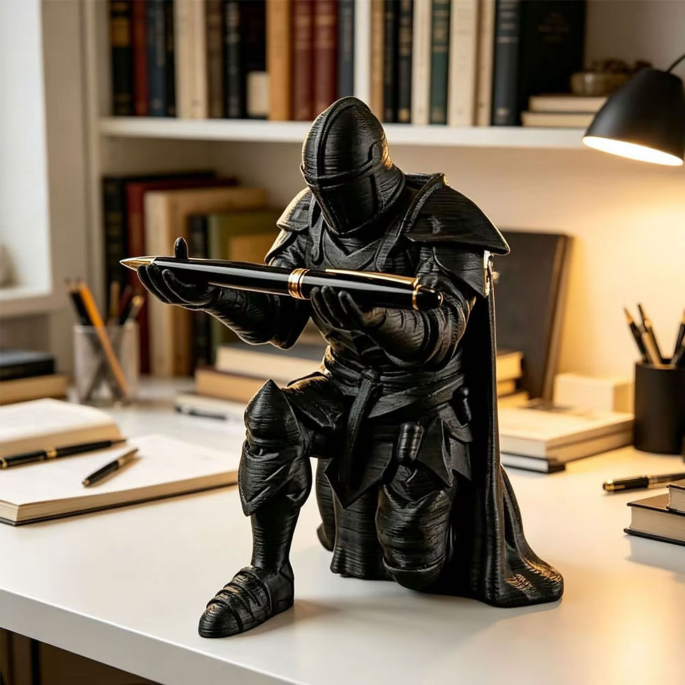 Thumbnail: 3D Printed Medieval Knight Pen Holder Black Silver Warrior Statue Desk Organizer