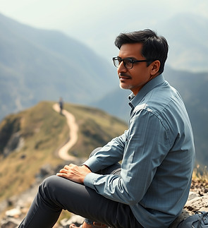 A middle-aged ethnic minority professional sitting on a mountainside, looking back at the