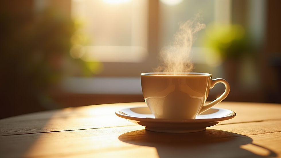 Close-up view of a cup of tea on a wooden table with sunlight streaming in