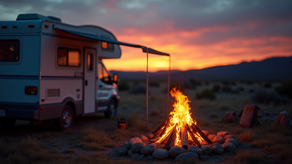 High angle view of a campfire next to an RV at sunset