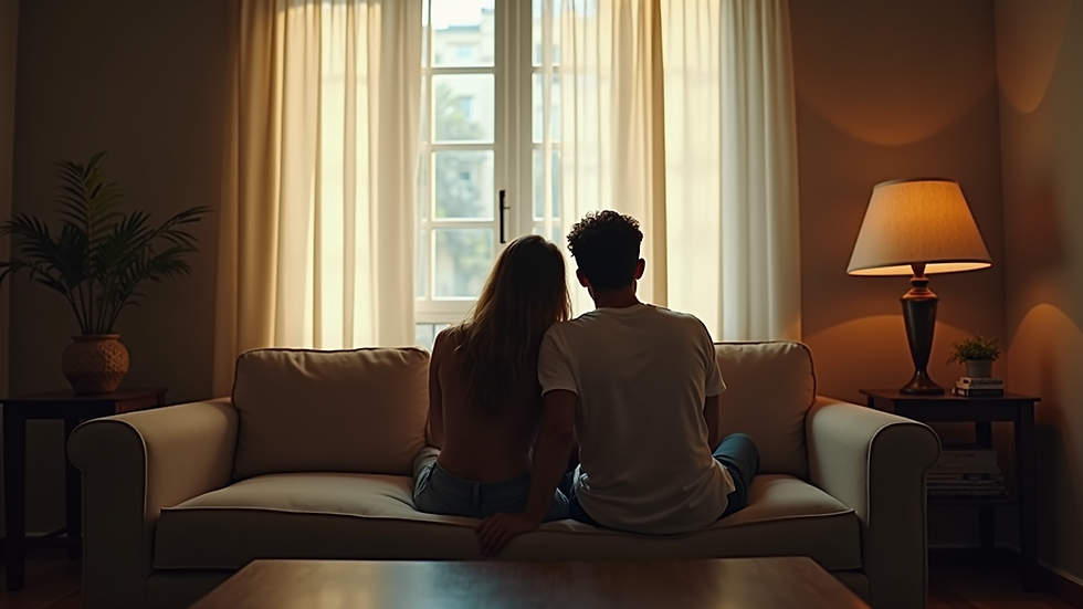 Vista a nivel de una pareja sentada en un sofá con distancia emocional