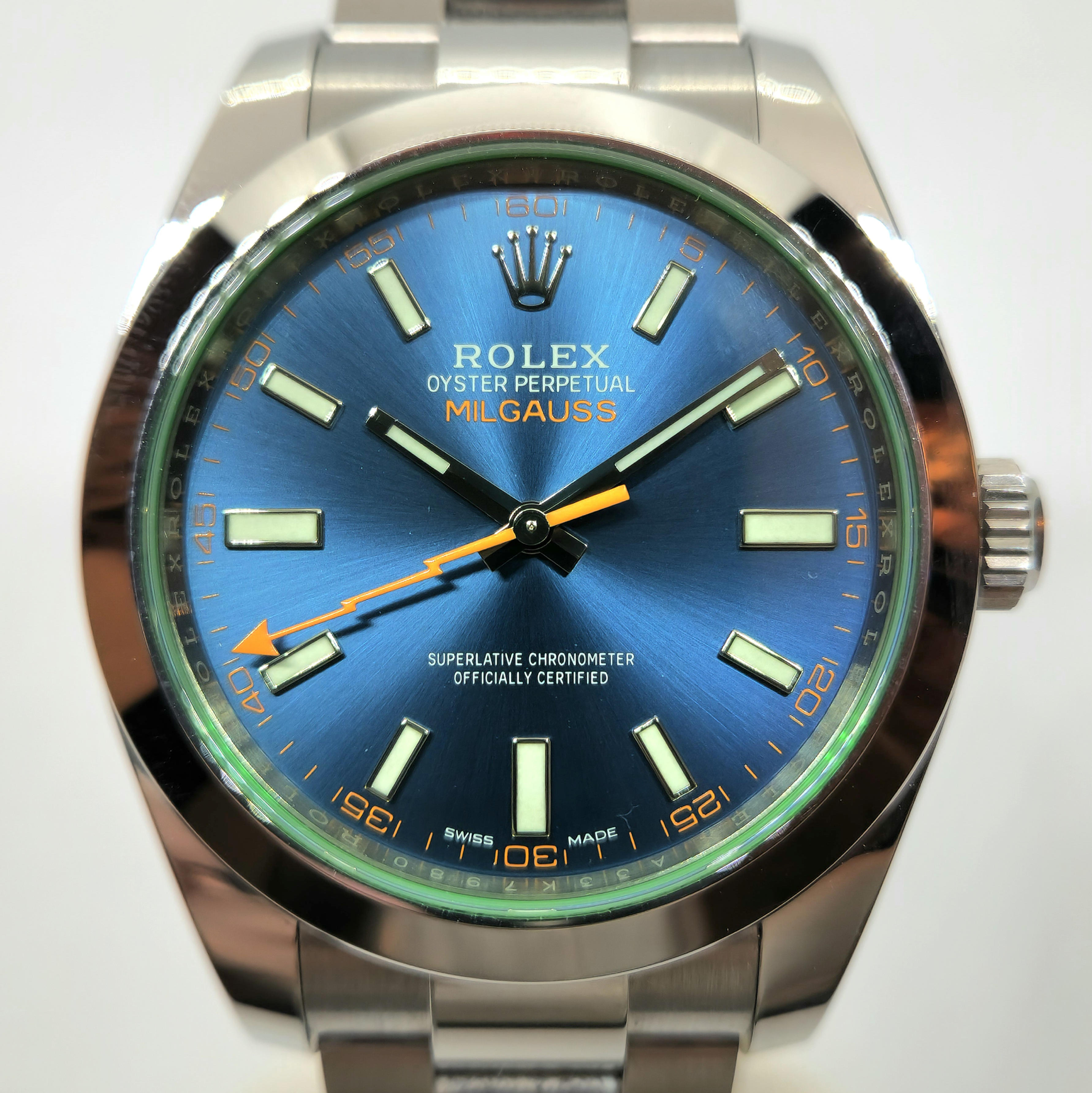 Reloj Rolex Milgauss acero inoxidable esfera azul vidrio verde y segundero naranja en Joyería Recoleta