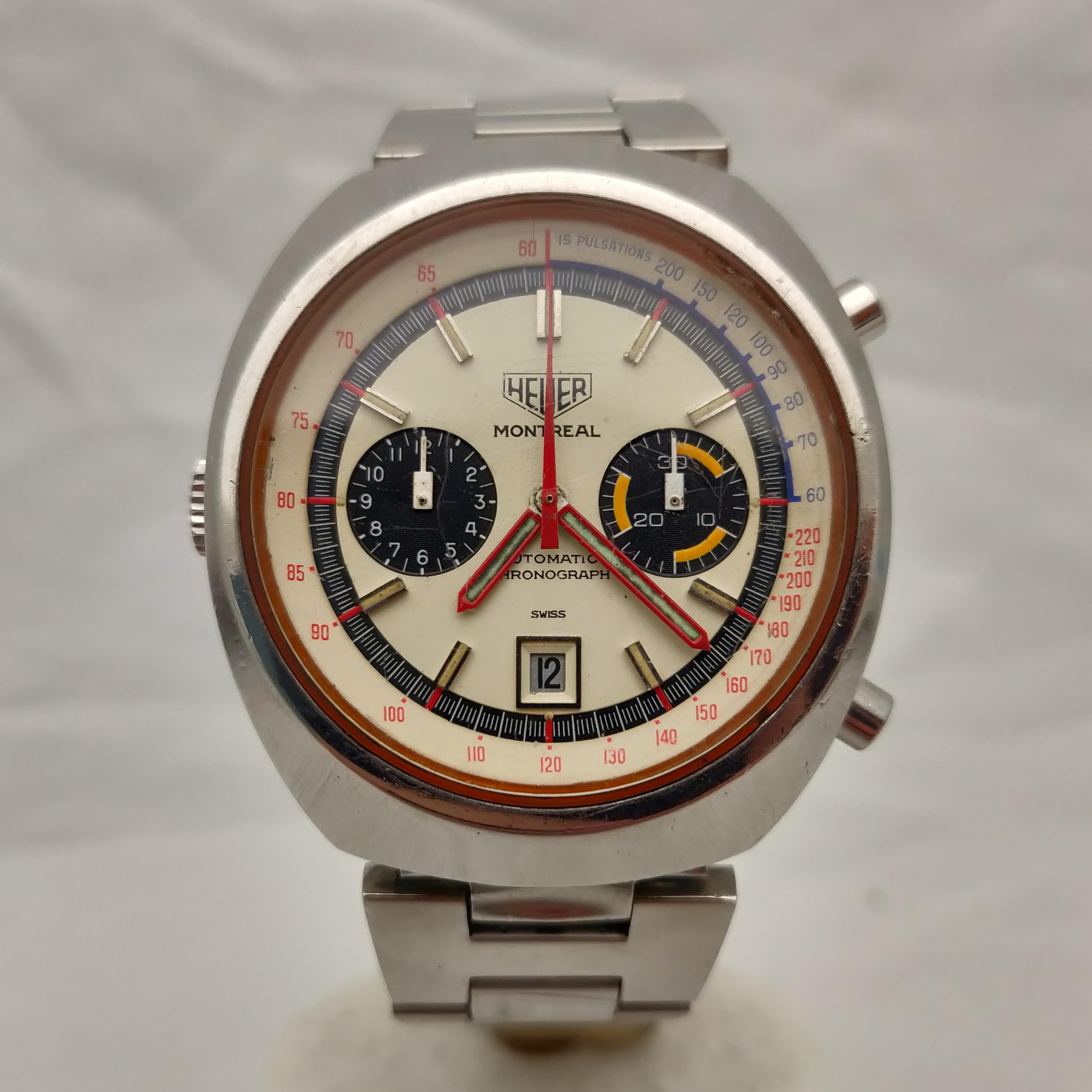 Reloj cronógrafo Heuer Montreal vintage acero con esfera blanca y subdiales negros en Joyería Recoleta