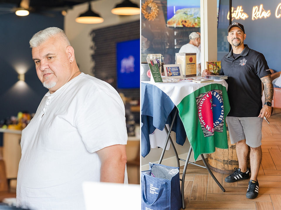Two men donating cigars to Cigars for Warriors