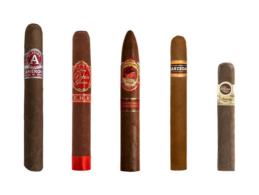5 cigars of various sizes and shapes on a white background