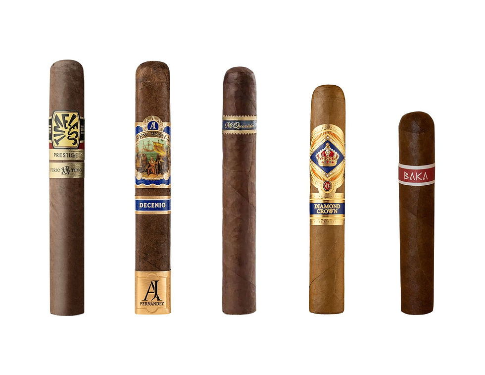 Selection of 5 cigars for a monthly cigar subscription service on a white background
