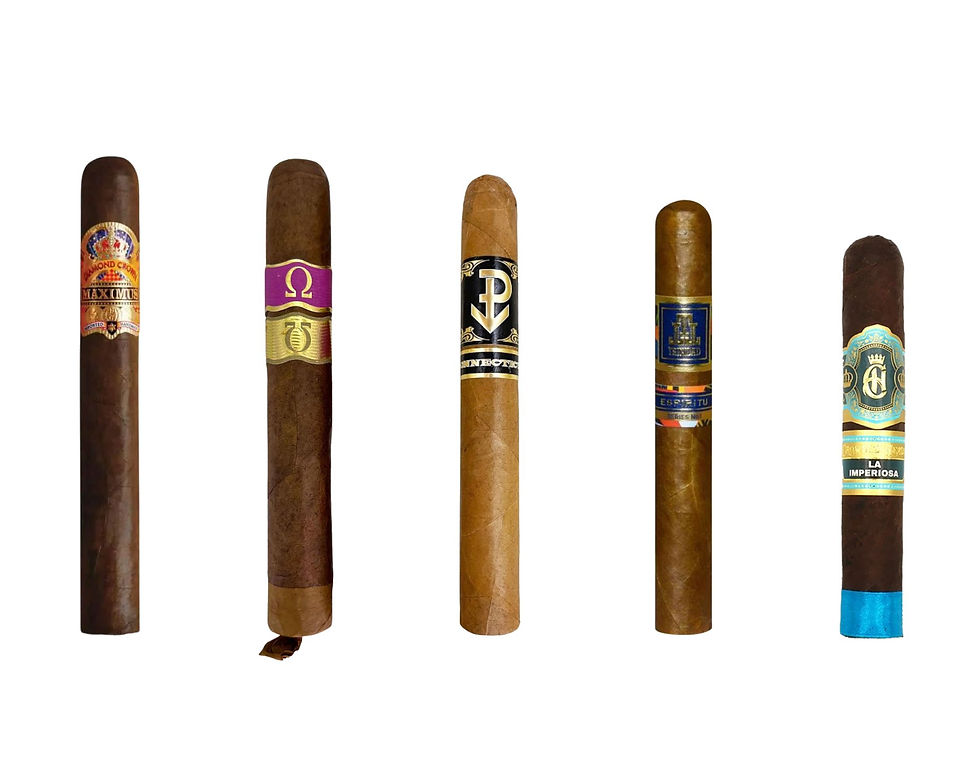 Selection of 5 cigars for a monthly cigar subscription service on a white background.