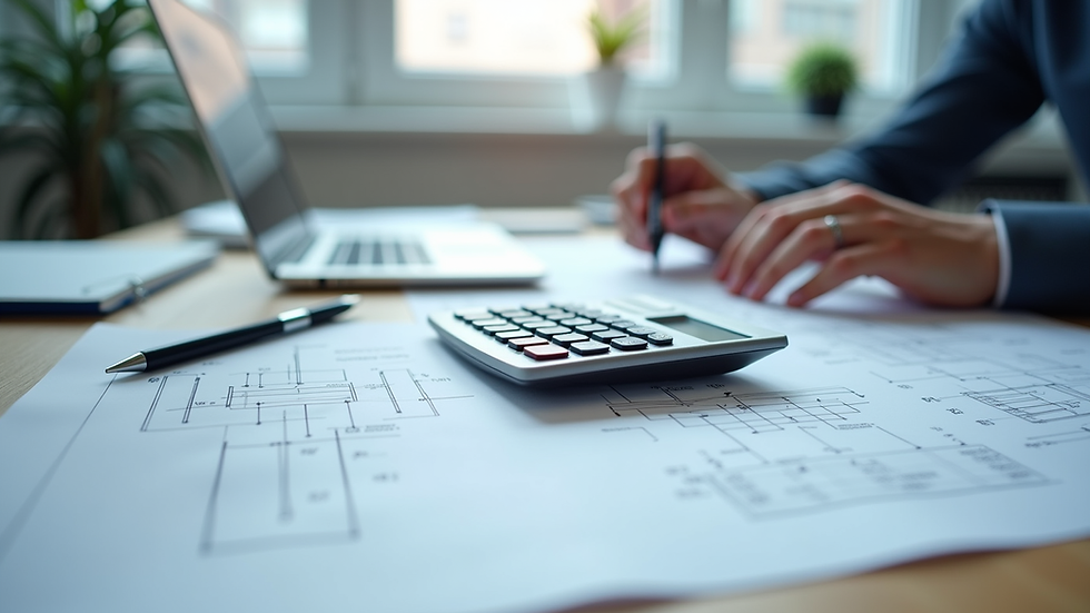 Close-up view of engineering blueprint and calculator on desk