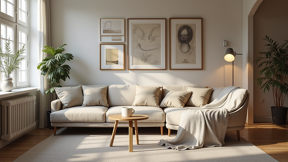 Vue en plongée d'un salon décoré avec des reproductions d'art variées