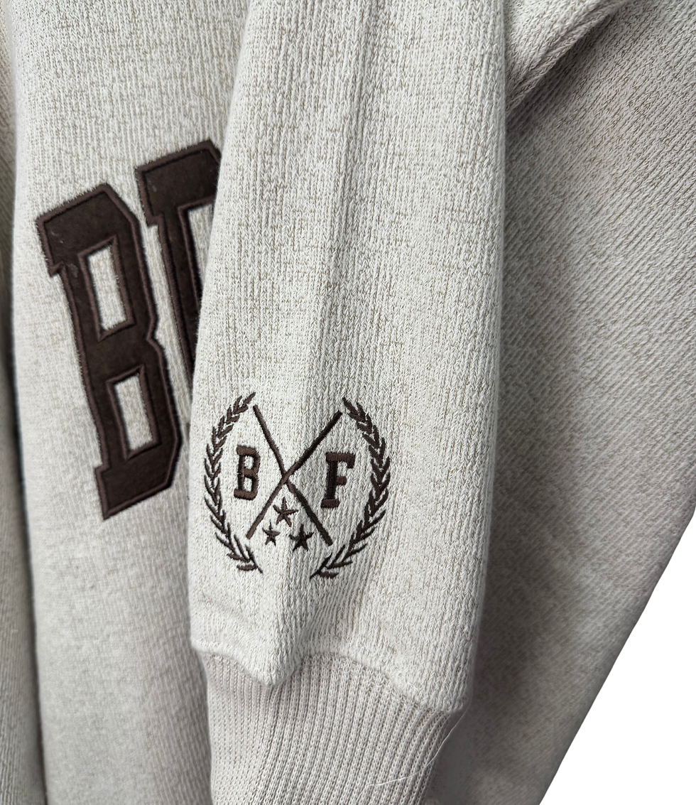 Thumbnail: Heather Oatmeal with Dark Brown Crew Neck