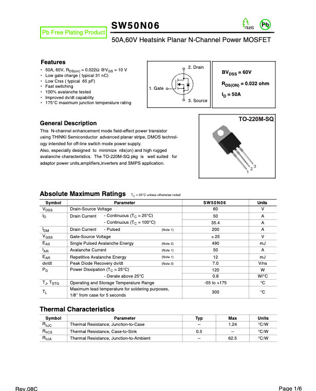 Miniatura: TRANSISTOR SW50N06 MOSFET CANAL N 60V 50A