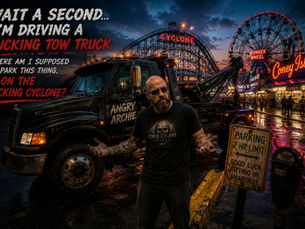 Angry Archie trying to find a parking space for a tow truck in Brooklyn NY