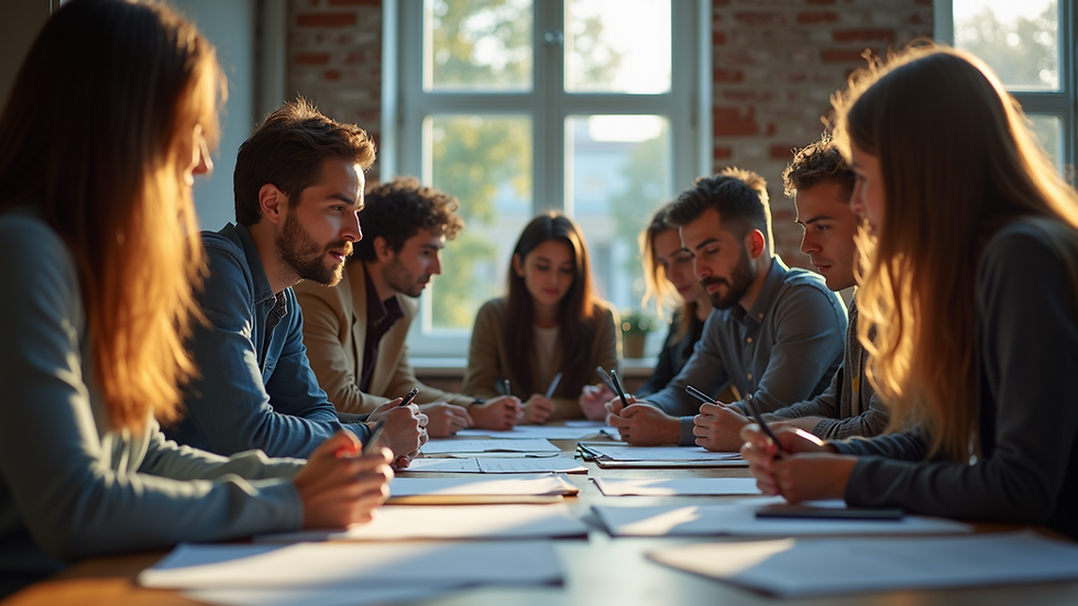 Eye-level view of a diverse group of creators brainstorming ideas