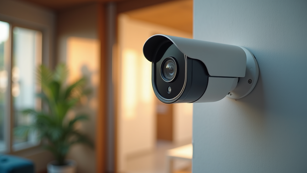 High angle view of a smart home security camera mounted on a wall