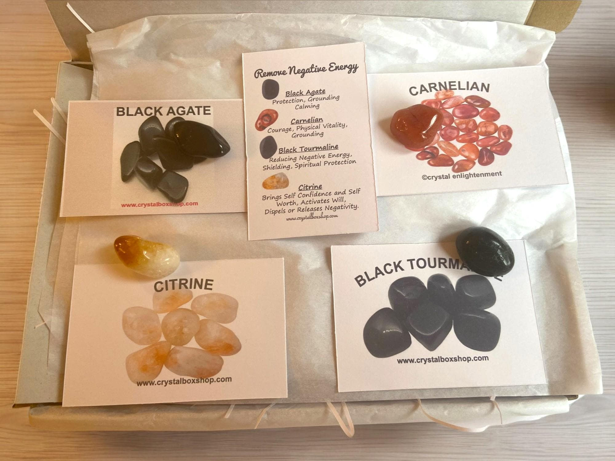 A Remove Negative Energy Crystal Box Set arranged with five crystals, presented in a letterbox‑friendly gift box