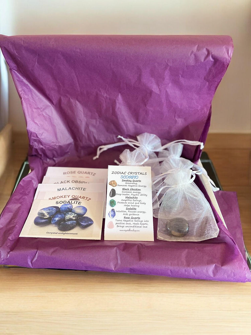 Thumbnail: Period Problems Crystal Set with crystals in organza bags, info cards and a briefing card in a postable box.