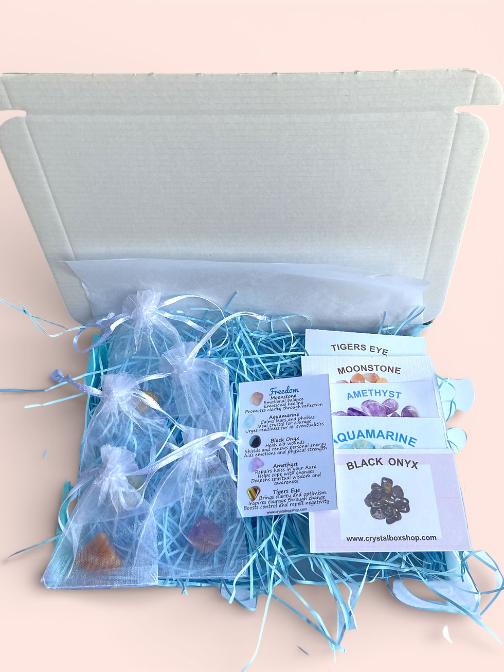 Thumbnail: Freedom Crystal Box Set, Moonstone, Aquamarine, Black Onyx, Amethyst, Tigers Eye
