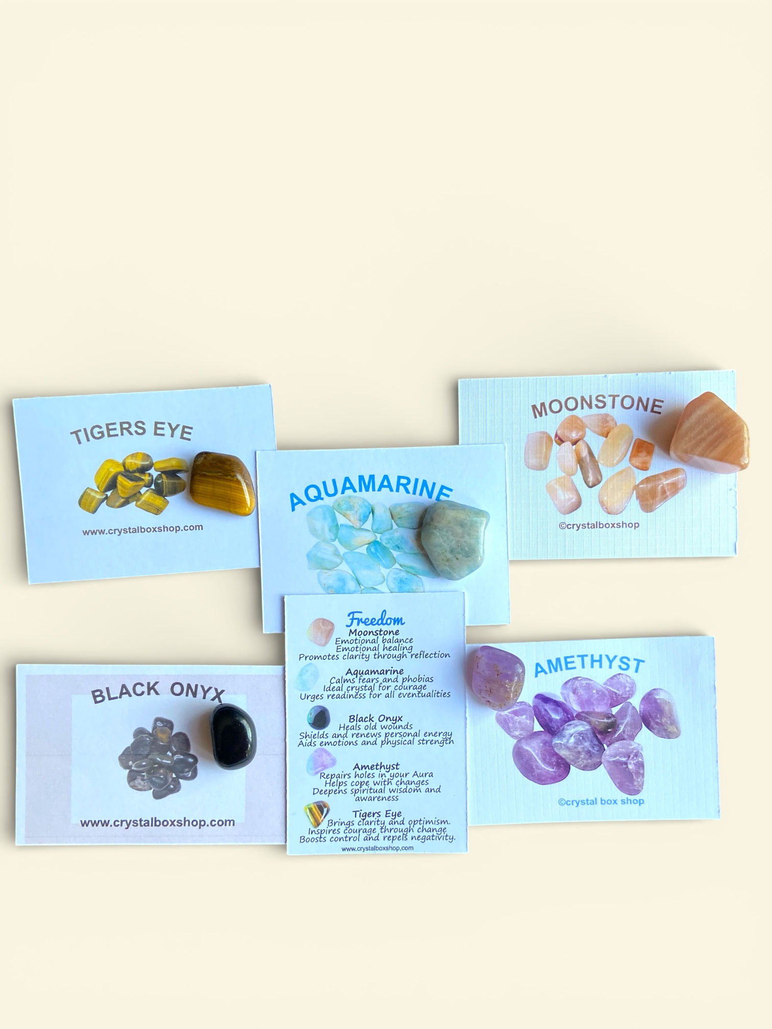 Freedom Crystal Box Set, Moonstone, Aquamarine, Black Onyx, Amethyst, Tigers Eye