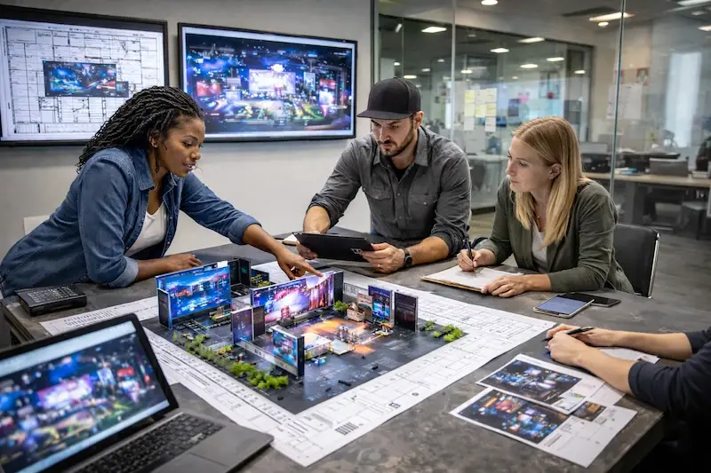 Experiential marketing production team reviewing event layout plans, technical drawings, and 3D activation model during pre-production planning in a professional office environment