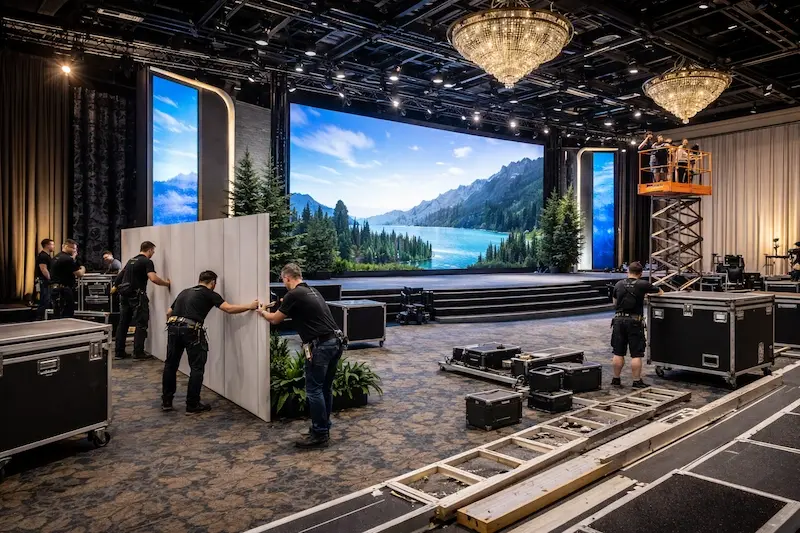 Scenic installation crew assembling stage environment with LED video wall for corporate event production
