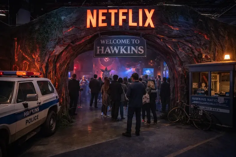 Immersive experiential marketing activation with Netflix-style themed scenic fabrication, featuring detailed environment build, branded entrance structure, and interactive audience engagement at a live event
